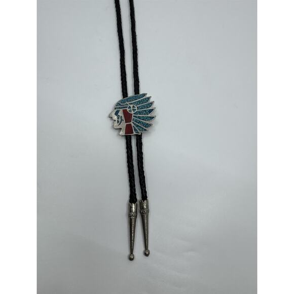 Vintage Bolo Native American Neck Tie Native American Indian Head Inlays - Picture 2 of 7